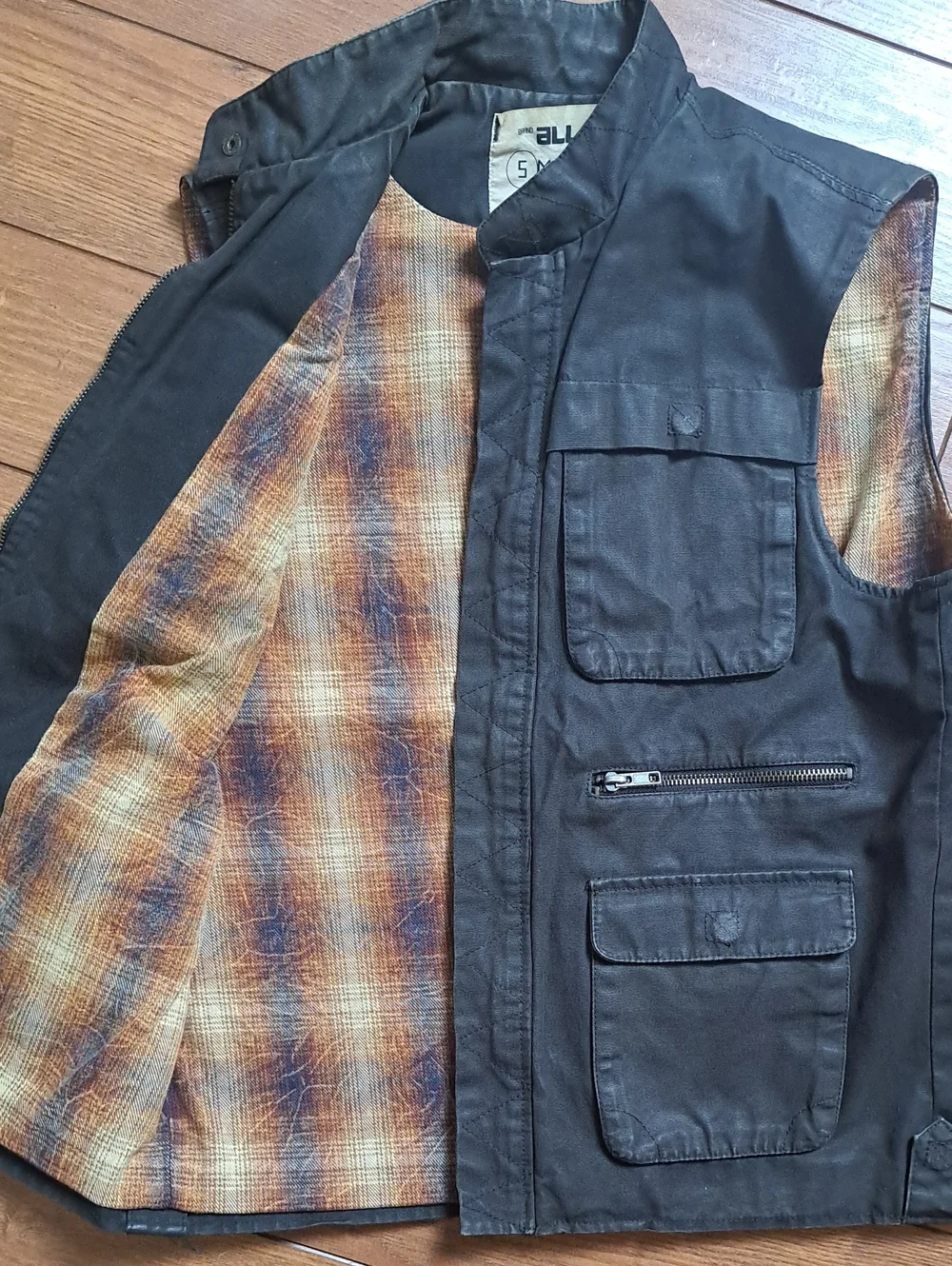 ALL-SON Urban Outfitters Waxed Canvas Utility Cargo Field Vest Lined Flannel S